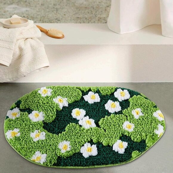NEW Cute Green Floral Bath Mat Microfiber Moss Bathroom Rug 16''Wx24''L Non Slip - Picture 3 of 7